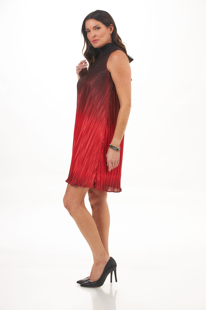 Side View Image of Patchington red ombre crinkle dress. Crinkle Pleated Hombre Dress