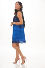 Side View Image of Patchington Cobalt Crinkle Hombre Dress. Crinkle Pleated Hombre Dress