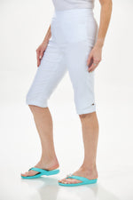 Side View Imgae of Patchington Resort Wear White bottom side detail Skimmer. Pull on 16" side Leg Detail Skimmer