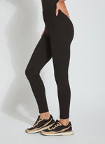 Side View Image of Lysse Black legging with concealed signature waistband. Signature Center Seam