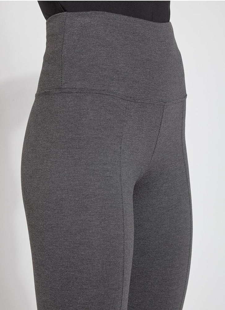Font View Close Up Image of Lysse Charcoal legging with concealed signature waistband. Signature Center Seam