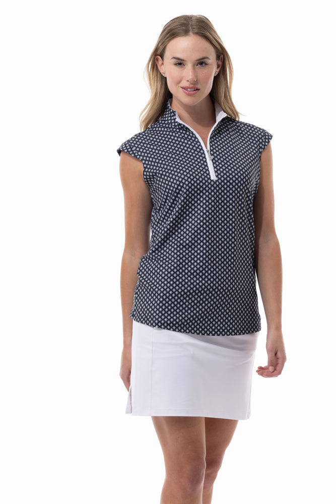 Front image of SanSoleil Paragon printed top. Black and white sleeveless top. 