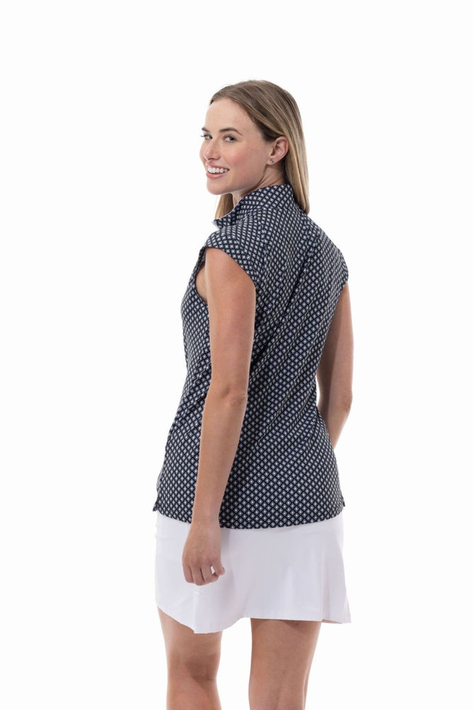 Back image of SanSoleil Paragon printed top. Black and white sleeveless top. 