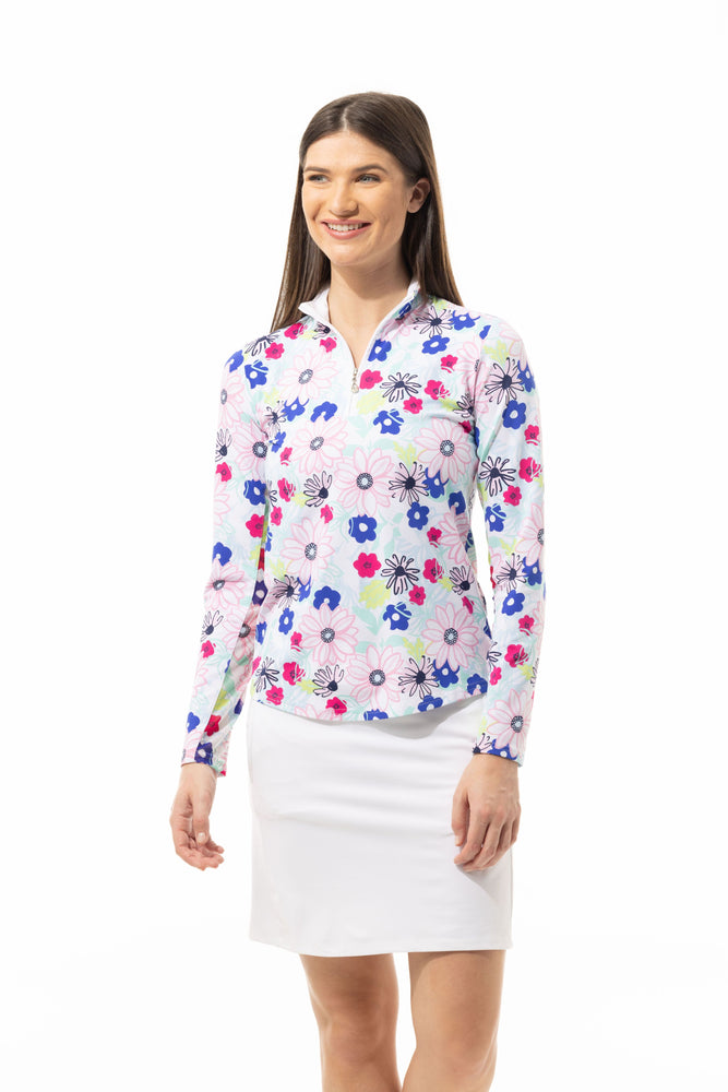 Front image of mock neck long sleeve top. Sundance multi printed top. 