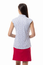 Back image of Sansoleil sweetheart printed sleeveless top. Mock neck zipper top. 