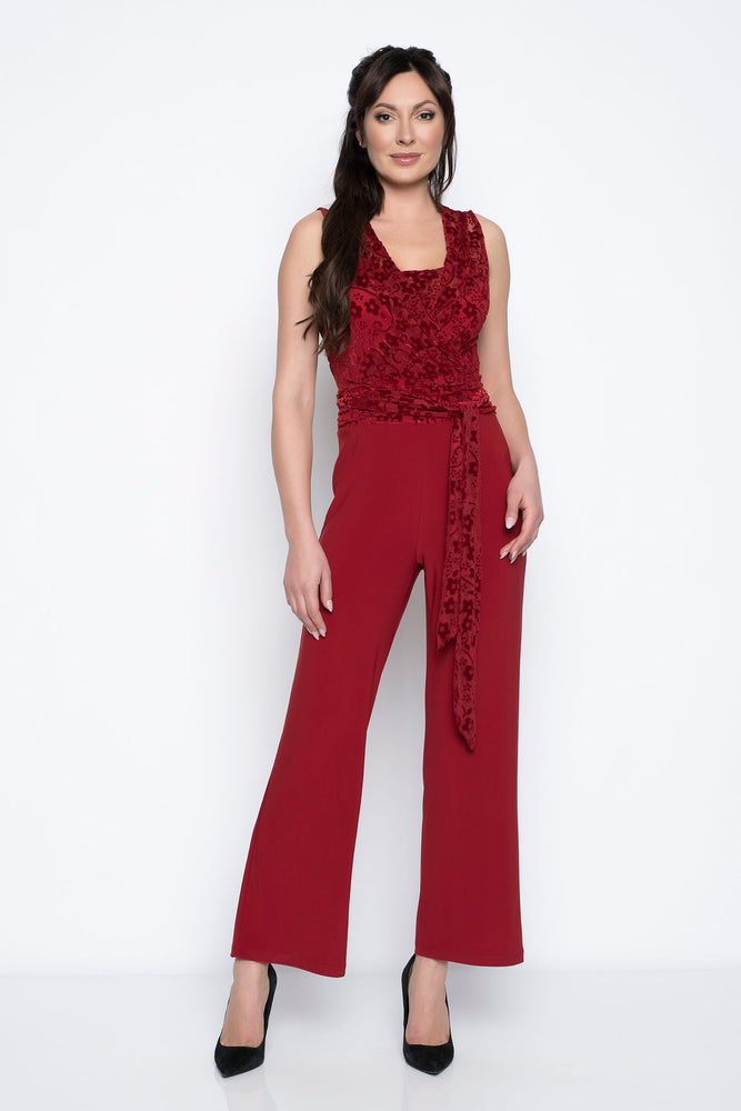 Front image of Picadilly jumpsuit in rosewood red. Sleeveless waist tie jumpsuit. 
