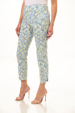 Front image of Up! pull on techno pants. Speckles print yellow and blue. 