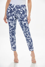 Front image of Up! techno slim pant with petal trim. Blue and white tampa print. 