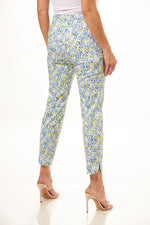 Back image of Up! pull on techno pants. Speckles print yellow and blue. 