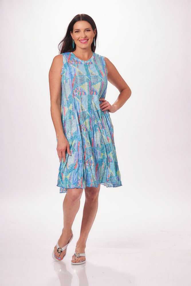 Front image of Shana sleeveless print seam crinkle dress. Aqua printed sundress. 
