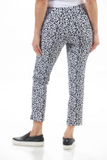 Back View Image of Patchington Black/Grey Leopard print two front pocket ankle pant. Pull On 6 Way Stretch Ankle Pant