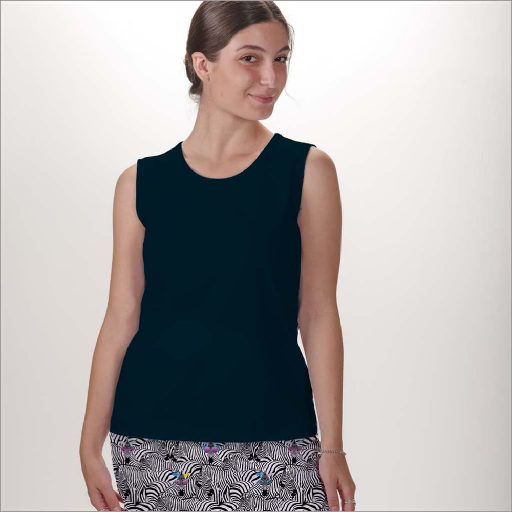 Front image of Skort Obsession sleeveless crew neck tank. Black basic solid tank top. 