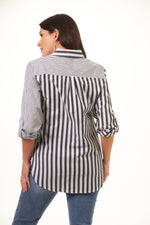 Back image of Tribal roll tab sleeve button front top. Black and white striped button front top. 