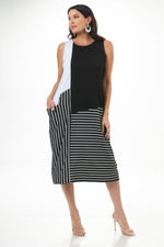 Front image of shana black and white geometric printed dress. Sleeveless midi dress.