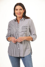 Front image of Tribal roll tab sleeve button front top. Black and white striped button front top. 
