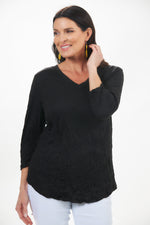 Front view of Shana black crinkle top. V-neck half sleeve crinkle top. 