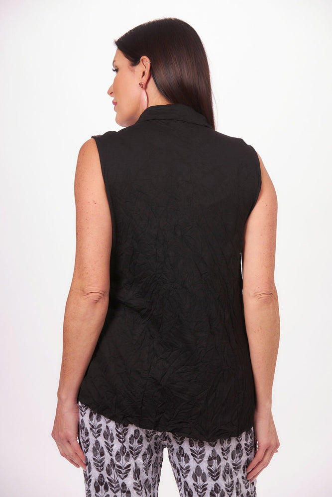 Back image of Shana sleeveless snap front crinkle top with collar. Black crinkle tank top. 