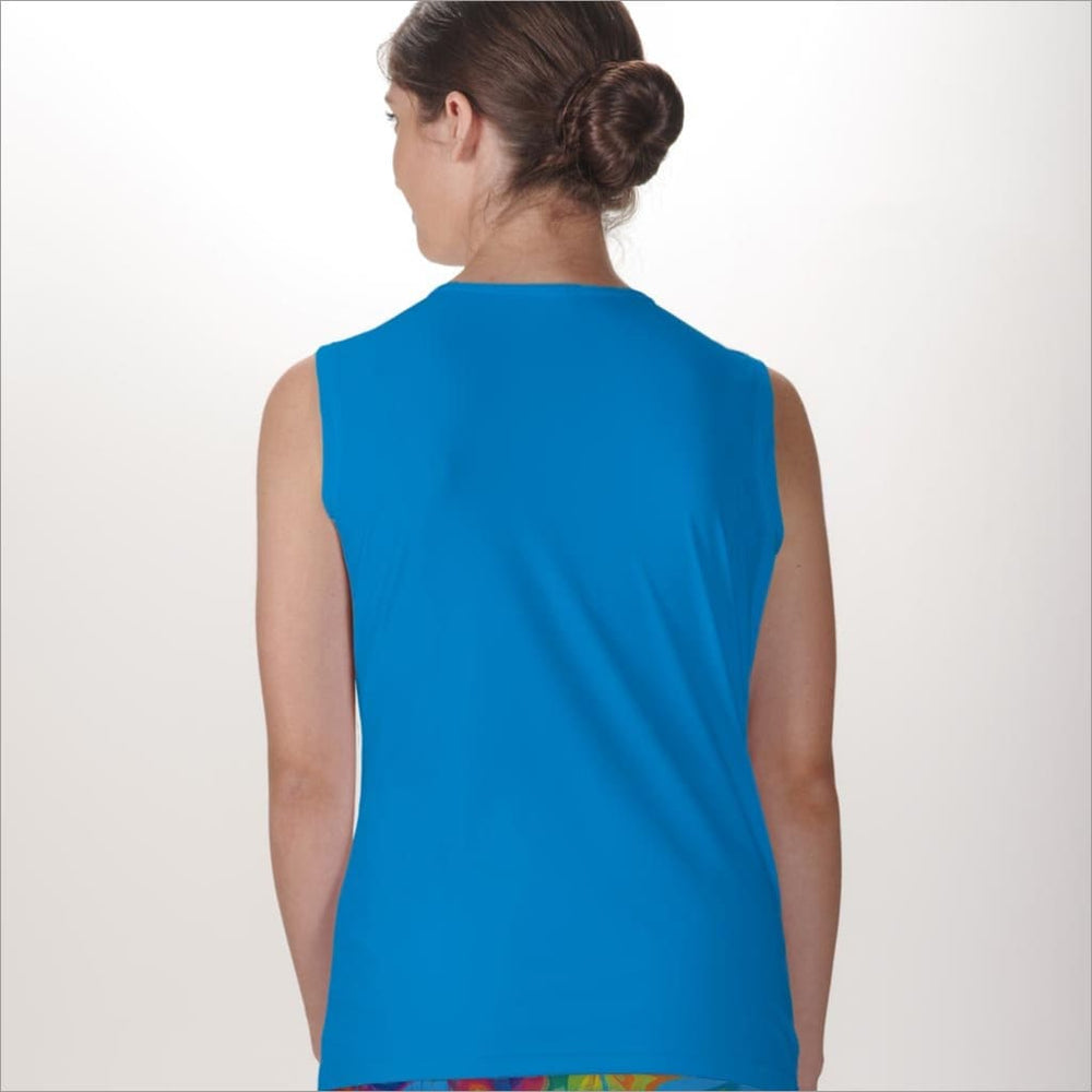 Back image of Skort Obsession sleeveless crew neck top. Basic blue sleeveless tank top. 