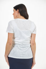 Back view of Fashion Cage fan print top. Short sleeve 3D fan print tee in blue. 