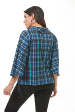 blue plaid cowl neck pull on with drawstring back view