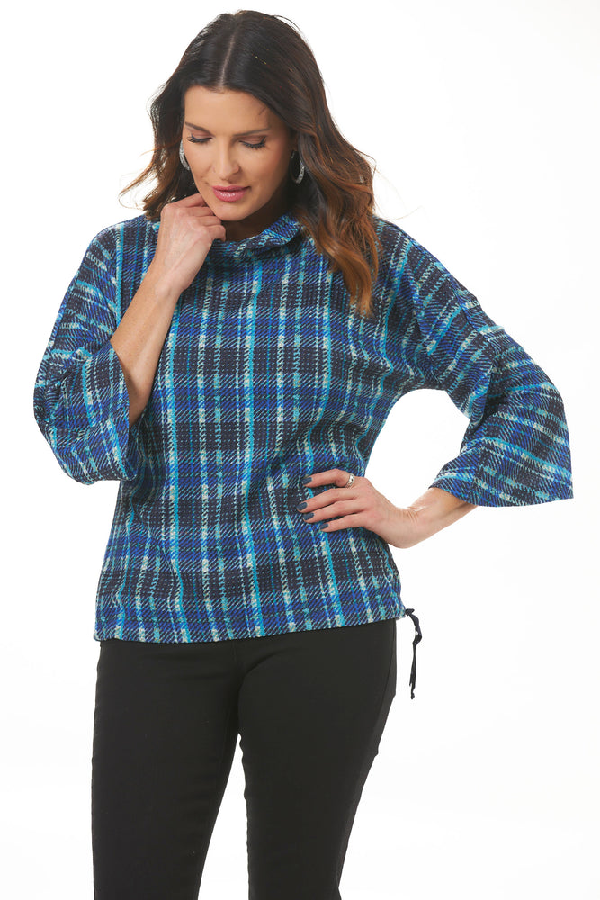 blue plaid cowl neck pull on with drawstring front view