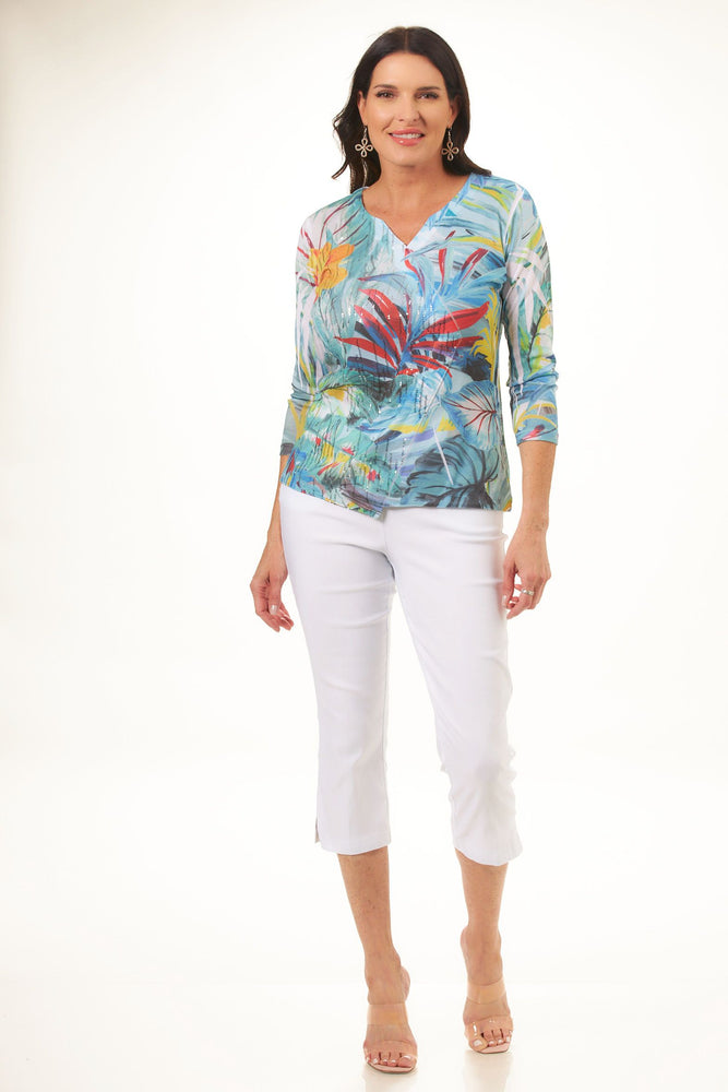 Front image of impulse 3/4 sleeve split neck wrap top. Botanic heaven printed top with sequins. 