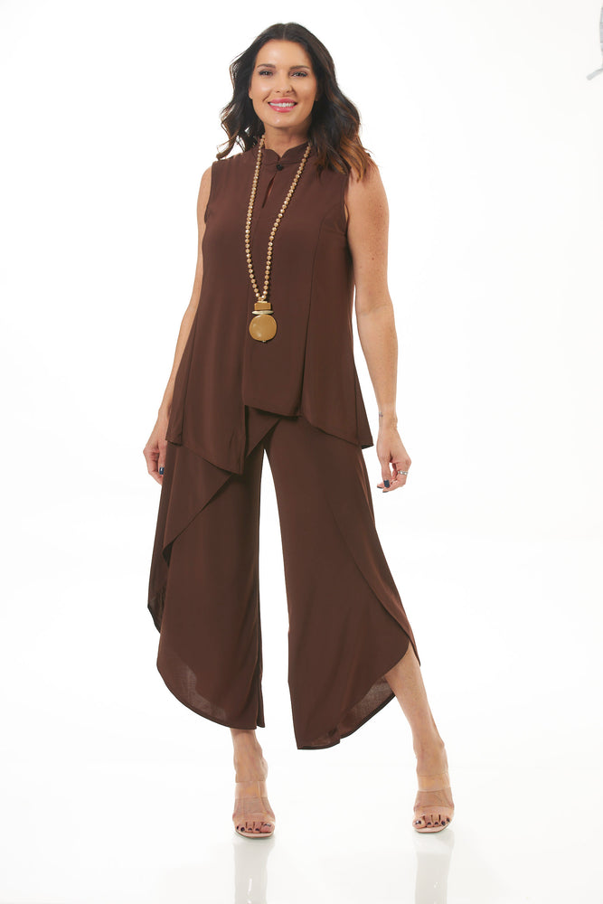 Image of Destination Collection brown mandarin collar sleeveless tank with matching brown wrap pant.
