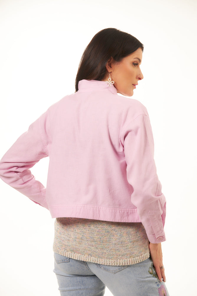 Back image of Tribal long sleeve crop jacket with pockets. Linen jacket in lily. 