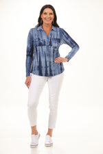 Front image of Tribal button front long sleeve rib knit top. Nautical print long sleeve top. 