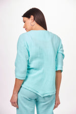 Back image of Lulu B 3/4 sleeve fringe asymmetrical hemline top. Clear seafoam top. 