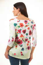 Back image of sweet dreams printed cold shoulder tunic. 3/4 sleeve top. 