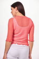 Back image of Papa Fashions 3/4 sleeve knit shrug. Coral knit shrug. 