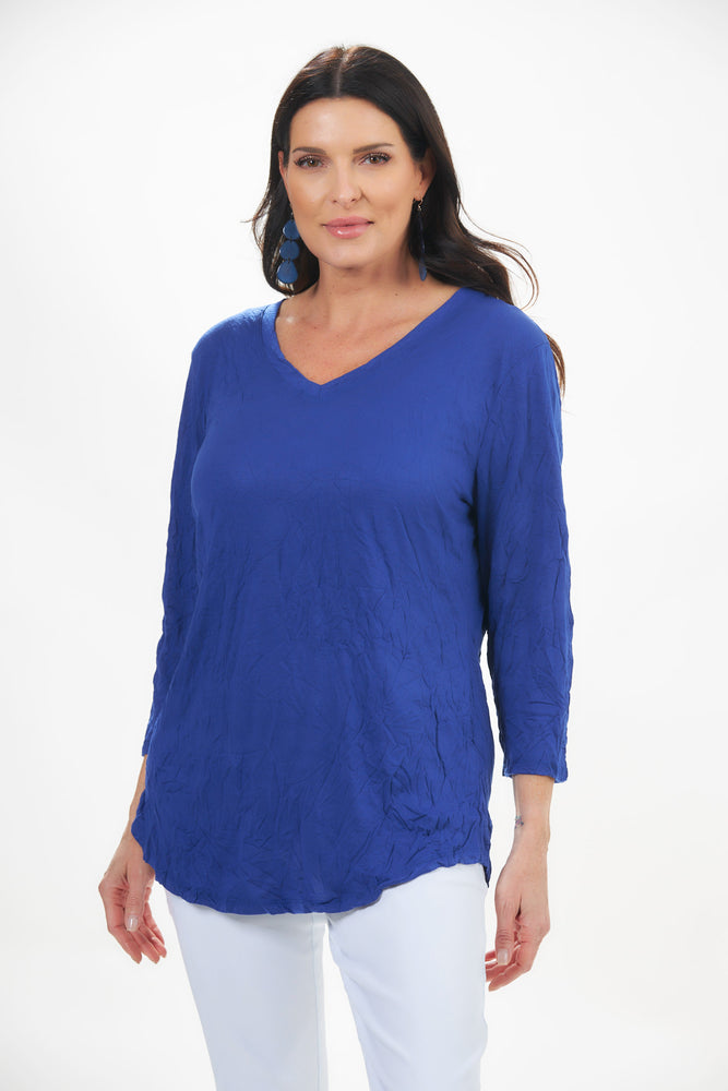 Front view of Shana crinkle basic top. Royal blue. Half Sleeve v neck Crinkle Top