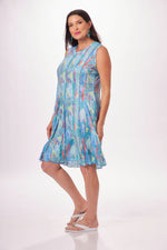 Side image of Shana sleeveless print seam crinkle dress. Aqua printed sundress. 