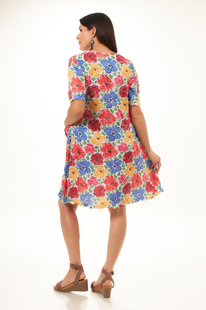 Back image of Shana 1/2 sleeve crinkle midi dress. Multi flowers crinkle dress. 