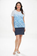 Full outfit view of Fashion Cage fan print top. Short sleeve 3D fan print tee in blue. 