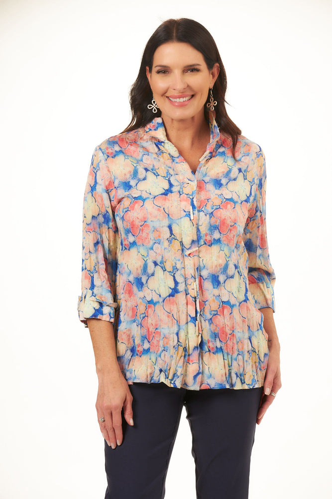 Front image of Shana floral crushed blouse. Button front floral printed top. 