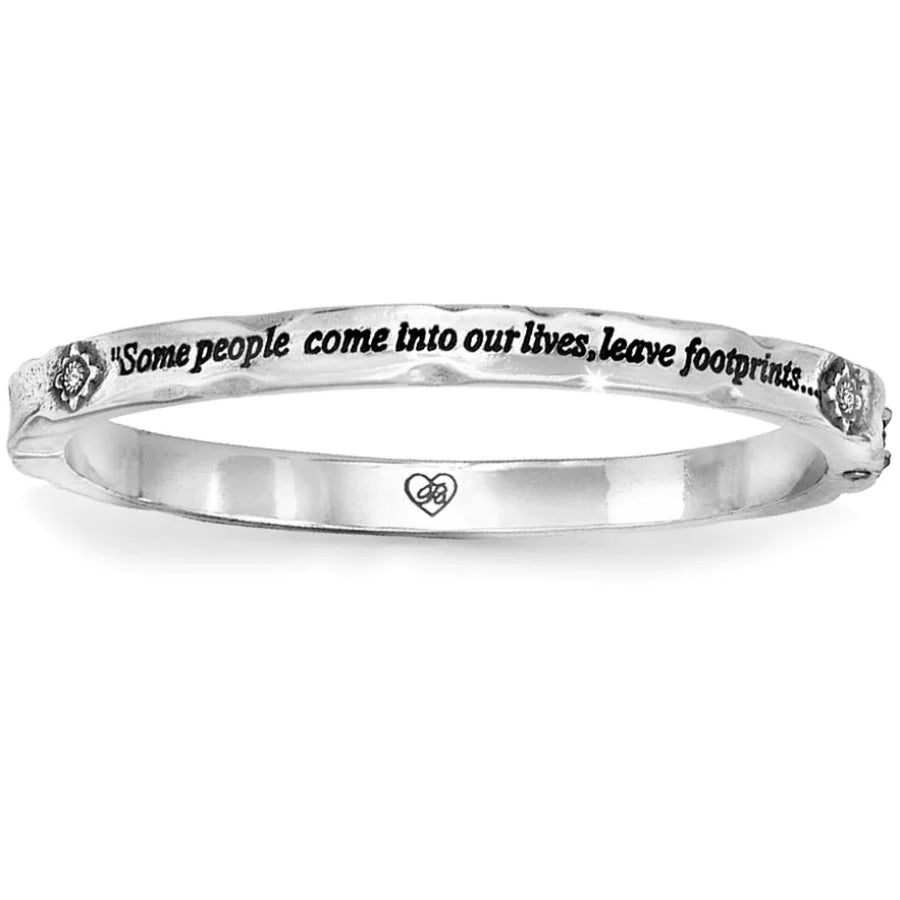 Front image of footprints hinged bangle. Silver brighton bangle bracelet. 