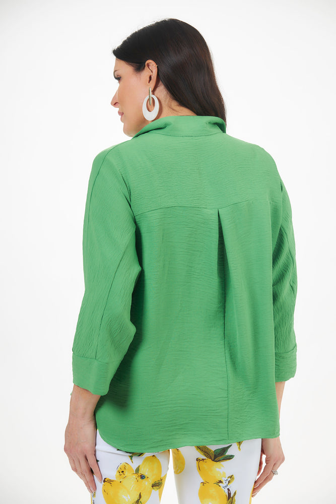 Back image of Last Tango gucci green 3/4 sleeve top. 2 button air flow shirt. 