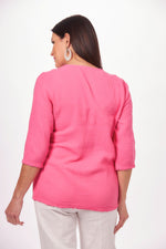 Back image of lulu b 3/4 sleeve scoop neck top with pocket. Hot pink one pocket top. 