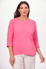 Front image of lulu b 3/4 sleeve scoop neck top. Hot pink rounded hemline top. 