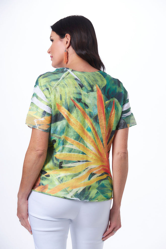Back image of short sleeve palm printed top. Made in the USA short sleeve top. 