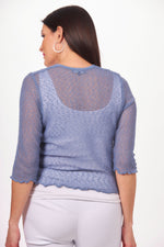 Back image of Papa Fashions knit shrug. 3/4 sleeve shrug in denim. 