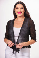Front image of Papa Fashions black knit shrug. 3/4 sleeve lightweight top. 