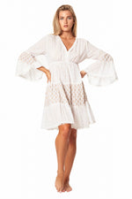 Front image of La moda white wide sleeve dress. Cover up white dress. 