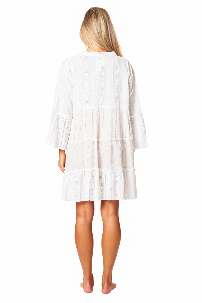 Back image of La Moda white cover up dress. Boho cotton dress. 