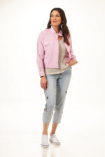Front image of Tribal long sleeve crop jacket with pockets. Linen jacket in lily. 