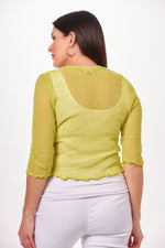 Back image of Papa Fashions knit shrug in lime. Tie front knit shrug. 