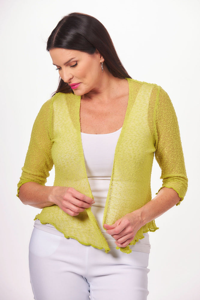 Front image of Papa Fashions knit shrug in lime. Tie front knit shrug. 