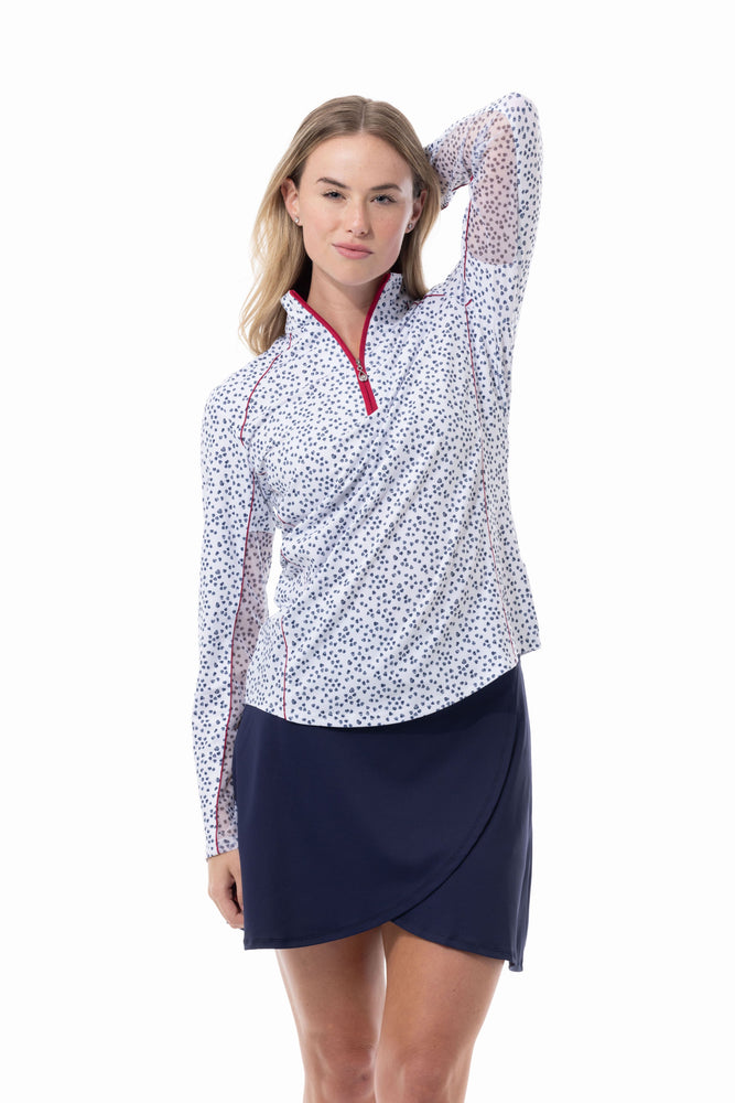 Front image of long sleeve zip top with piping by sansoleil. Sweetheart printed long sleeve top. 